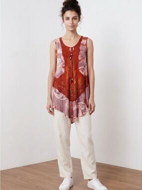 Rust Floral Boho Tunic | Sleeveless | Tie Front | Free Size